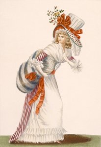 Naisten silmiinpistävä päivämekko, "Galeries des Modes et Costumes Francais" -lautanen, n. 1778-87 99:vaatteet; perinteinen asu; perinteinen puku; muoti; kuva; c18th; muotia